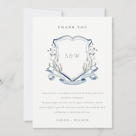 Elegant Blue Wildblume Monogram Wappen Wedding Dankeskarte (Vorderseite)