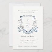 Elegant Blue Wildblume Monogram Wappen Wedding Einladung (Vorderseite)