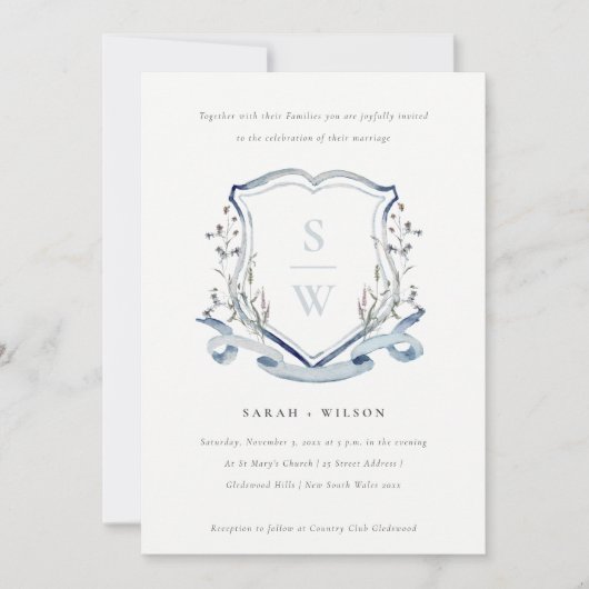 Elegant Blue Wildblume Monogram Wappen Wedding Einladung (Vorderseite)