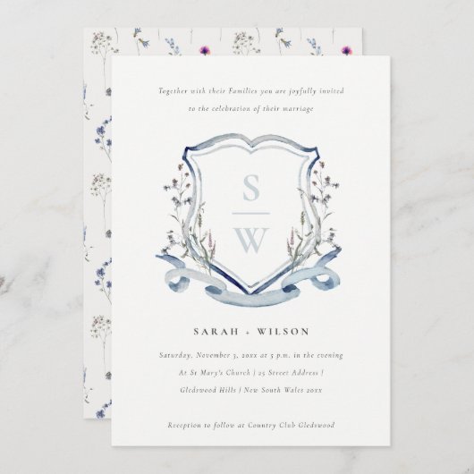 Elegant Blue Wildblume Monogram Wappen Wedding Einladung (Vorne/Hinten)