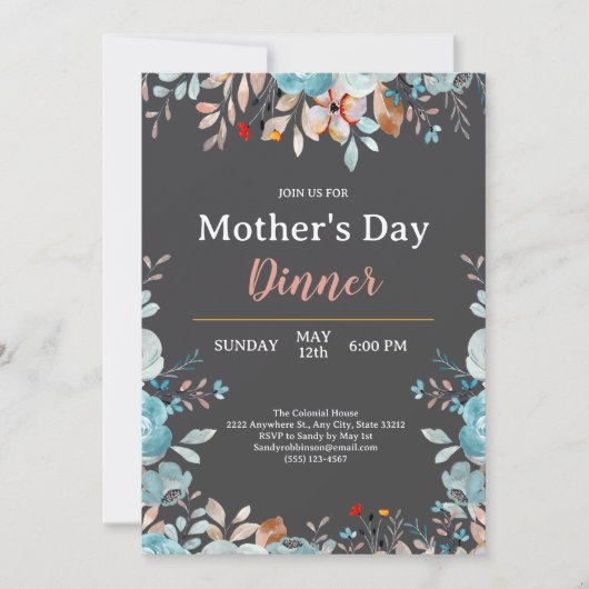 Elegant Blue Wildblumen Mint Mother Day Dinner Einladung (Vorderseite)