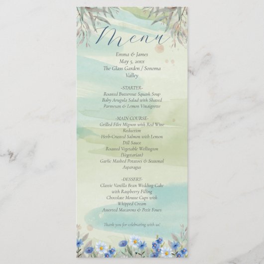 Elegant Blue Wildflower Frame Wedding Menu Card Menükarte (Vorderseite)