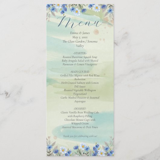 Elegant Blue Wildflower Frame Wedding Menu Card Menükarte (Vorderseite)