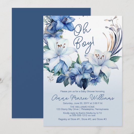 Elegant Blue Winter Floral Boy Baby Shower Einladung (Vorne/Hinten)