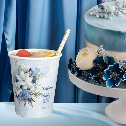 Elegant Blue Winter Floral Boy Baby Shower Pappbecher