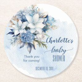 Elegant Blue Winter Floral Boy Baby Shower Runder Pappuntersetzer