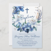 Elegant Blue Winter Floral Boy Taufe Einladung (Vorderseite)