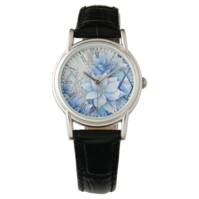 Elegant Blue Winter Florals Armbanduhr (Vorderseite)