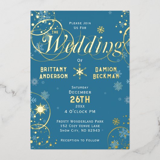 Elegant Blue Winter Wonderland Wedding Gold Folieneinladung (Vorderseite)
