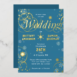 Elegant Blue Winter Wonderland Wedding Gold Folieneinladung