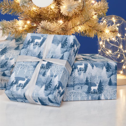 Elegant Blue Winter Woodland & Deer Christmas Geschenkpapier (Feiertage)
