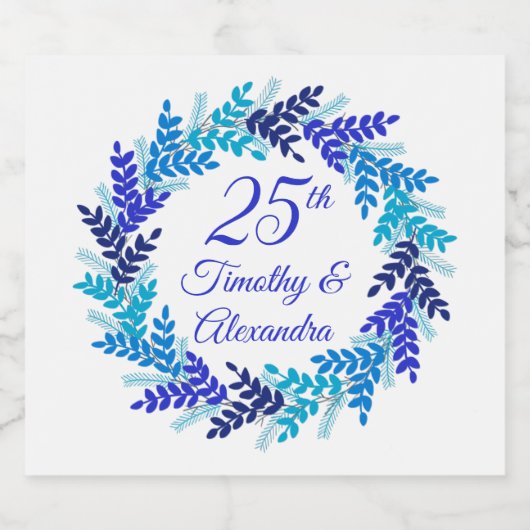 Elegant Blue Wreath 25. Hochzeitstag Schaumweinetikett (Einzelnes Label)
