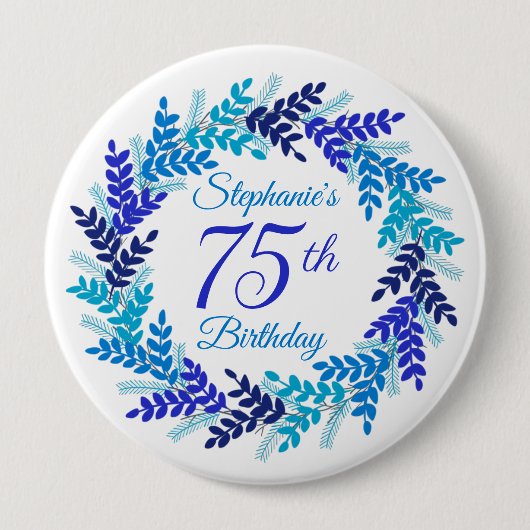 Elegant Blue Wreath 75. Geburtstag Button (Vorderseite)