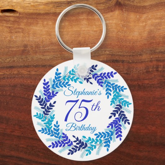Elegant Blue Wreath 75. Geburtstag Schlüsselanhänger (Vorderseite)
