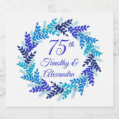 Elegant Blue Wreath 75. Hochzeitstag Schaumweinetikett (Einzelnes Label)