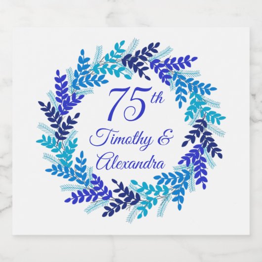 Elegant Blue Wreath 75. Hochzeitstag Schaumweinetikett (Einzelnes Label)