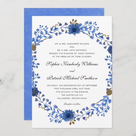 Elegant Blue Wreath | alle Eltern, die Hochzeit ve Einladung (Vorne/Hinten)