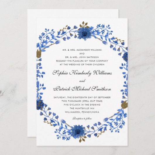 Elegant Blue Wreath | alle Eltern, die Hochzeit ve Einladung (Vorne/Hinten)