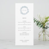 Elegant Blue Wreath Monogram Wedding Menükarte (Stehend Vorderseite)