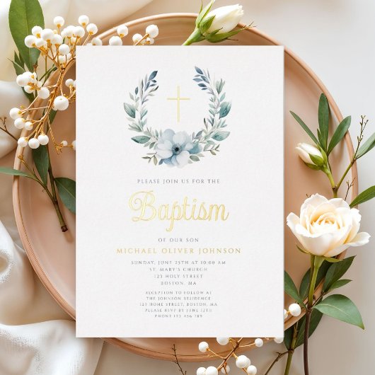 Elegant Blue Wreath Religious Cross Boy Baptism Folieneinladung
