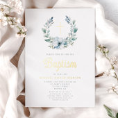 Elegant Blue Wreath Religious Cross Boy Baptism Folieneinladung