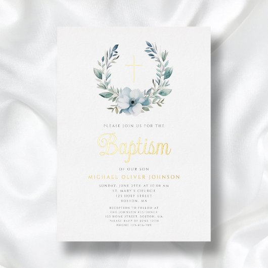 Elegant Blue Wreath Religious Cross Boy Baptism Folieneinladung
