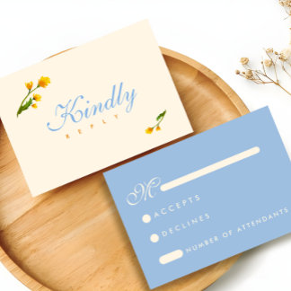 Elegant Blue & Yellow watercolor floral wedding RSVP Karte