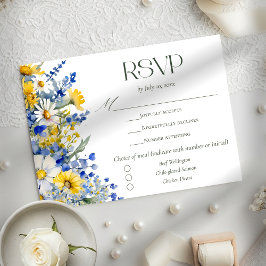 Elegant Blue Yellow Wildflower Wedding Meal Choice RSVP Karte