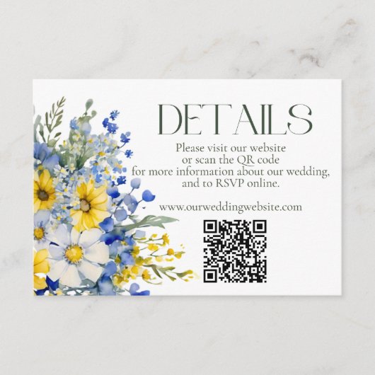 Elegant Blue Yellow Wildflowers Wedding Details QR Begleitkarte (Vorderseite)