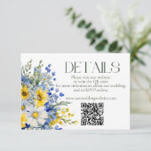 Elegant Blue Yellow Wildflowers Wedding Details QR Begleitkarte (Stehend Vorderseite)