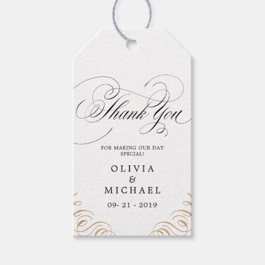 Elegant blüh Kalligrafie Hochzeit danke Geschenkanhänger (Vorderseite)