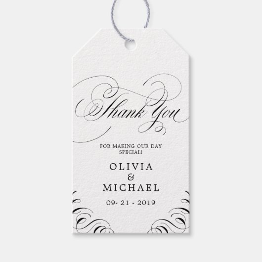 Elegant blüh Kalligrafie Hochzeit danke Geschenkanhänger (Vorderseite)