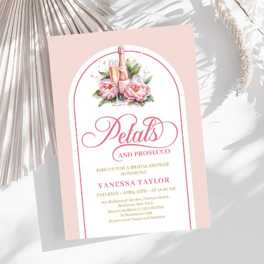 Elegant blush and gold invite petals and prosecco einladung