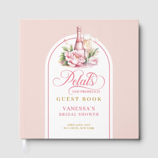 Elegant blush and gold petals prosecco sign book gästebuch (Vorderseite)