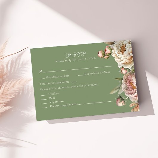 Elegant Blush and Sage Green Peonies RSVP Card Karte