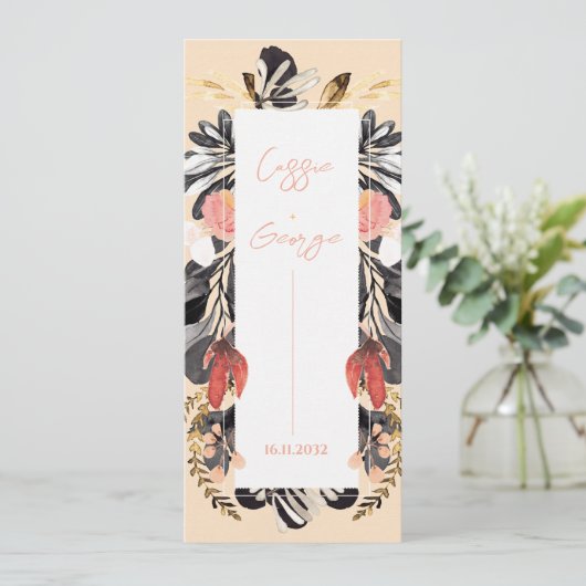 Elegant Blush & Black Floral Wedding Program Card Einladung (Stehend Vorderseite)