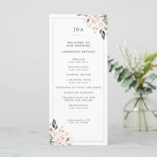 Elegant Blush Bloral Eukalyptus Greenerity Wedding Programm (Stehend Vorderseite)