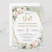 Elegant Blush Bloral Greenery Gold Ein Mädchen Einladung (Vorne/Hinten)