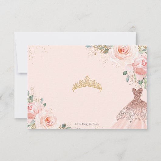 Elegant Blush Bloral Prinzessin Gown Quinceañera RSVP Karte (Rückseite)
