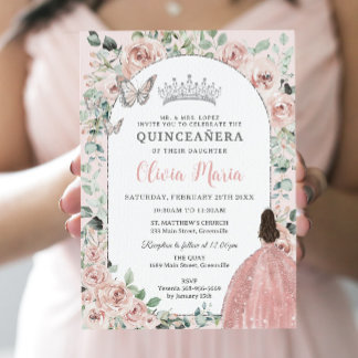 Elegant Blush Bloral Prinzessin Silver Quinceañera Einladung