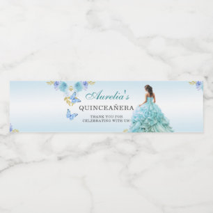 Elegant Blush Blue Floral Quinceñera Birthday W Wasserflaschenetikett