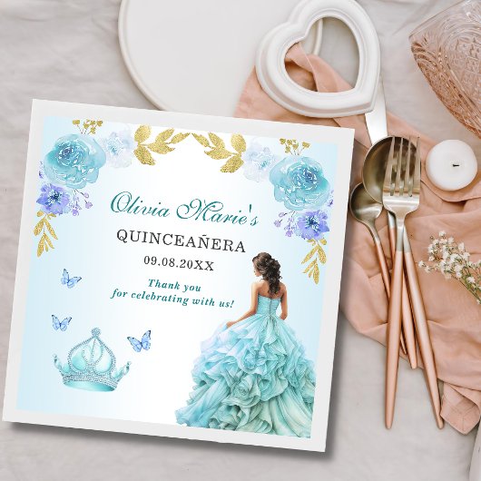 Elegant Blush Blue Floral Quinceñera Geburtstag Serviette
