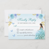 Elegant Blush Blue Floral Quinceñera RSVP Karte (Vorderseite)