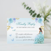 Elegant Blush Blue Floral Quinceñera RSVP Karte (Stehend Vorderseite)