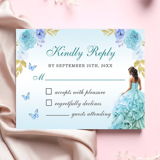 Elegant Blush Blue Floral Quinceñera RSVP Karte