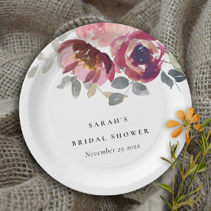 ELEGANT BLUSH BURGUNDY ROSE FLORAL BRAUTPARTY PAPPTELLER