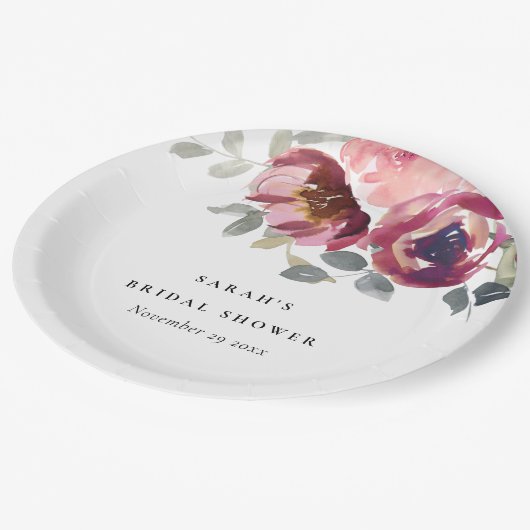 ELEGANT BLUSH BURGUNDY ROSE FLORAL BRAUTPARTY PAPPTELLER (Schrägansicht)