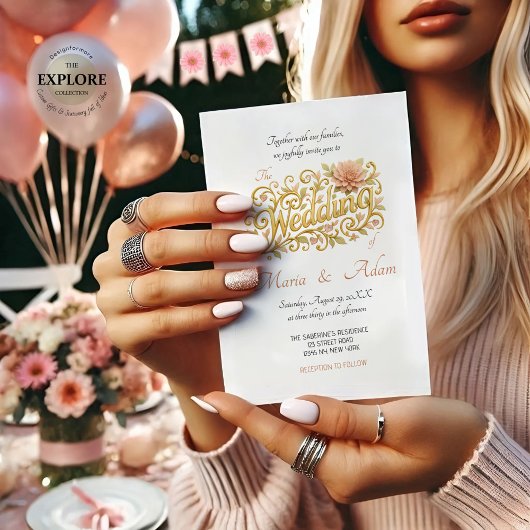 Elegant Blush Dahlias Golden Script Wedding Einladung