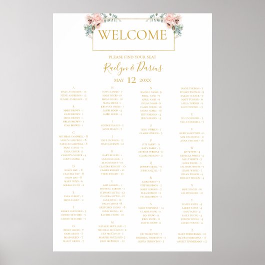 Elegant Blush Floral | Alphabetische Sitztabelle Poster (Vorne)