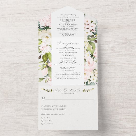 Elegant Blush Floral & Eukalyptus Wedding All In One Einladung (Innen)